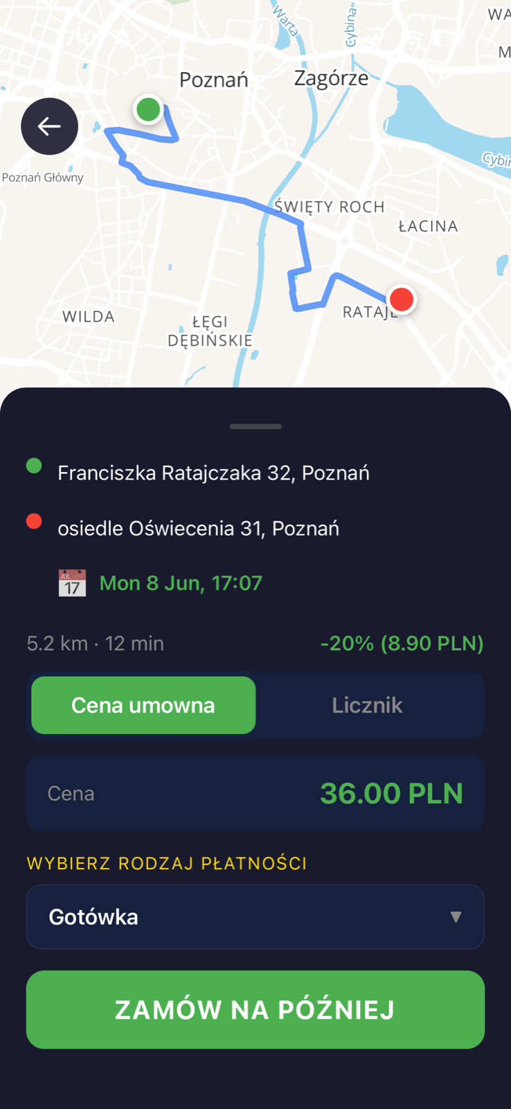 Ekran aplikacji TAXI 519: trasa na mapie, wycena kursu i przycisk Zamów na później